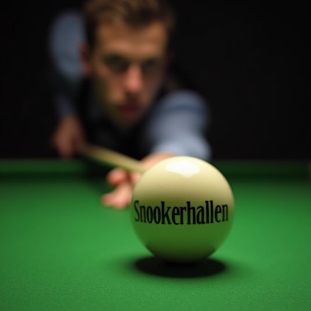 Närbild på en köboll märkt Snookerhallen.